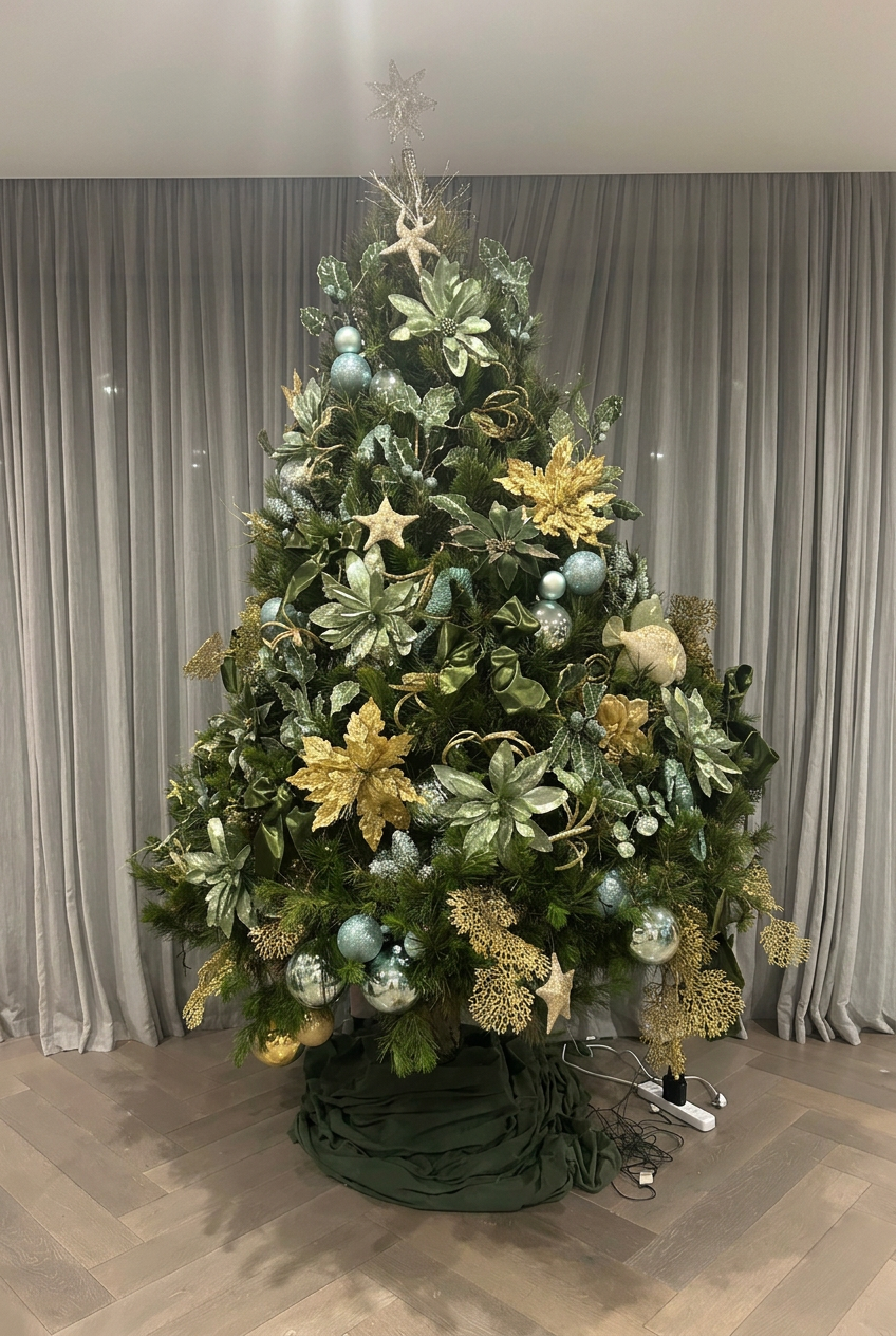 A decorated real Christmas tree from Mina's Live Christmas Trees in a Melbourne home